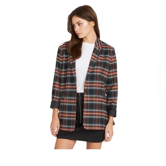 Volcom Frochickie Boyfriend Fit Black Plaid Blazer Size Small - Picture 1 of 8